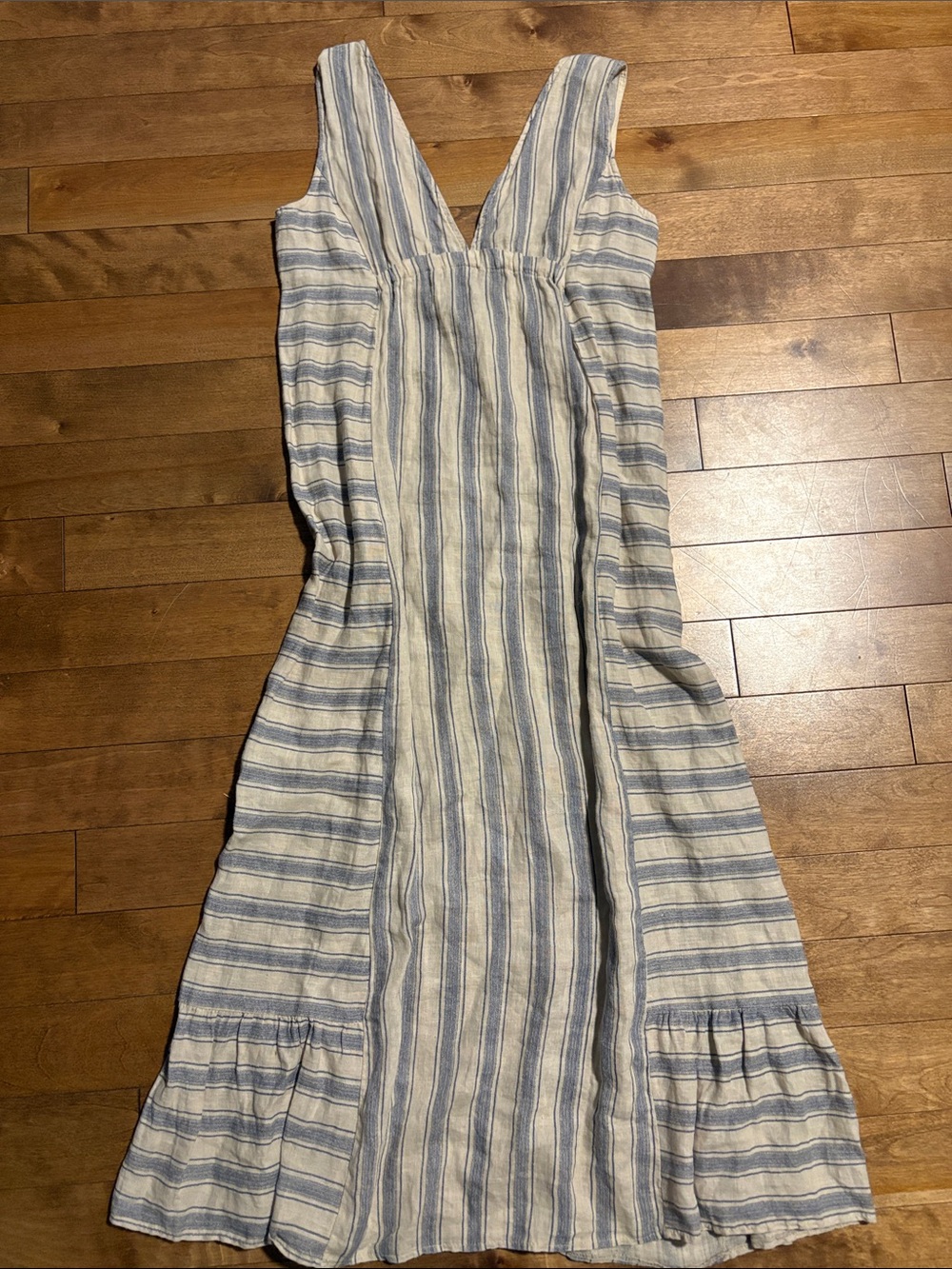 Light Blue and Cream Linen Striped V-Neck Sleeveless Dress